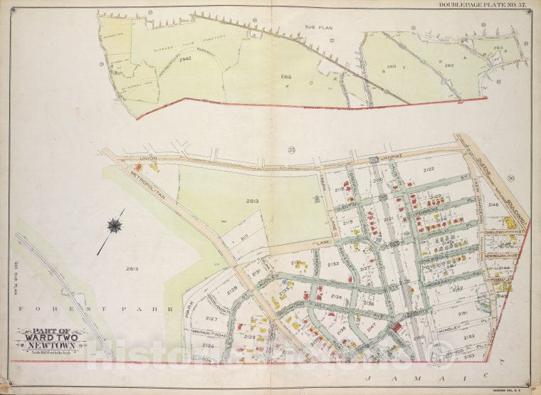 Historic 1913 Map - Queens, Vol. 2A, Double Page Plate No. 37; Part Of Ward Two Newt - Vintage Wall Art