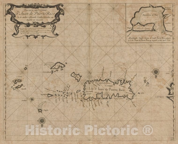 Historic 1680 Map - Pascaerte Van'T Eylant St. Juan De Puerto Rico. - West Indies - Vintage Wall Art