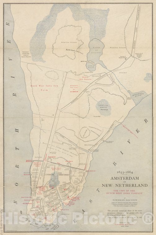 Historic 1909 Map - Amsterdam In New Netherland, 1653-1664 - - Early New York History - Vintage Wall Art