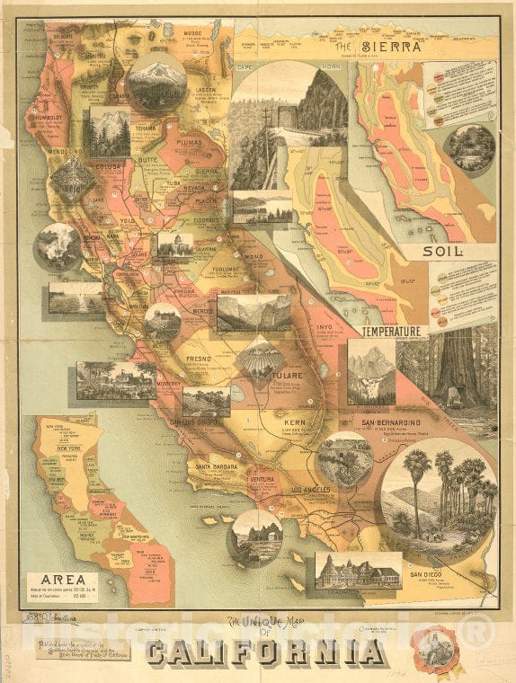 Historic 1890 Map - The Unique Map Of California - Californiamaps Of North America. - California - Vintage Wall Art