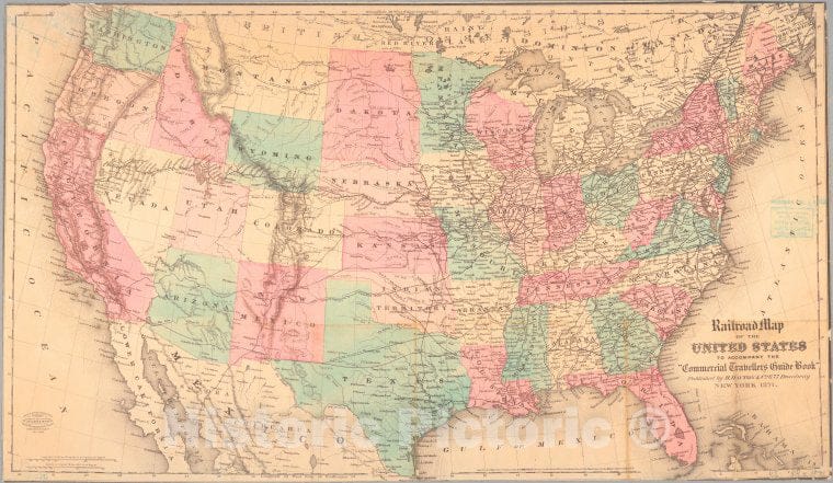 Historic Map - 1871 Railroad Map Of The United States To Accompany The Commercial Travellers Guide Book. - Vintage Wall Art