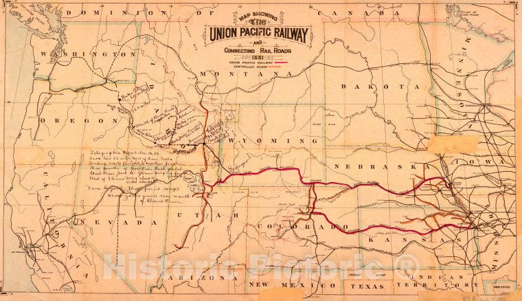 Historic 1881 Map - Map Showing The Union Pacific Railway And Connecting Rail Roads, 1881. - West (U.S.) Maps Of North America. - Vintage Wall Art