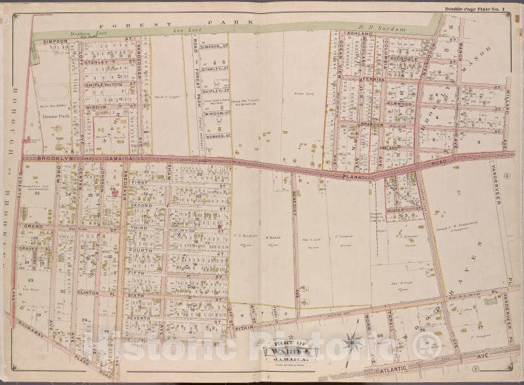 Historic Map - 1901 Queens County, New York (N.Y.), Queens; Jamaica, Ward 4; [Forest Park, Willard, Vanderveer Pl, Atlantic, Rockaway Plank Rd, Elderts Ln.] - Vintage Wall Art