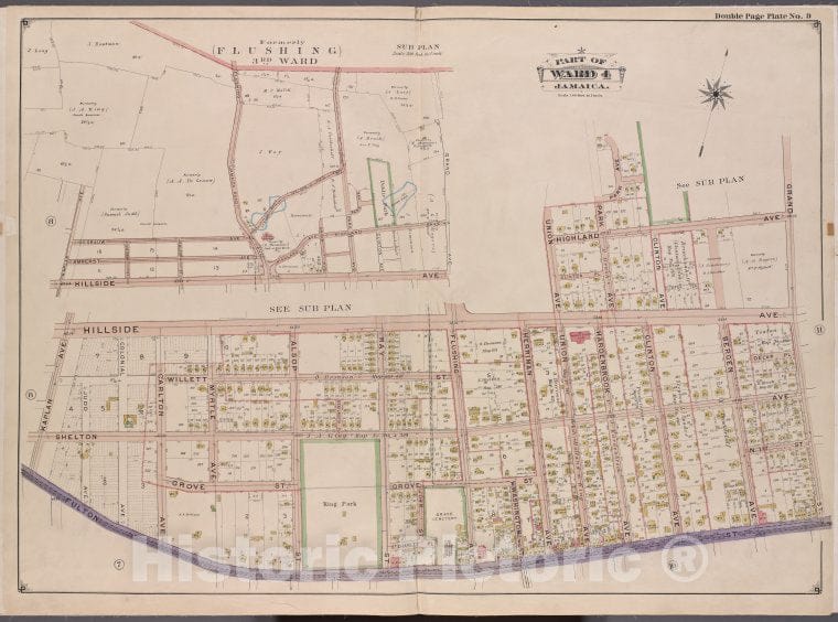 Historic Map - 1901 Queens County, New York (N.Y.), Queens, V. 1, Plate No. 9; Part Of Jamaica, Ward 4; [Flushing (3Rd Ward) Grand St, Fulton St, Kaplan] - Vintage Wall Art