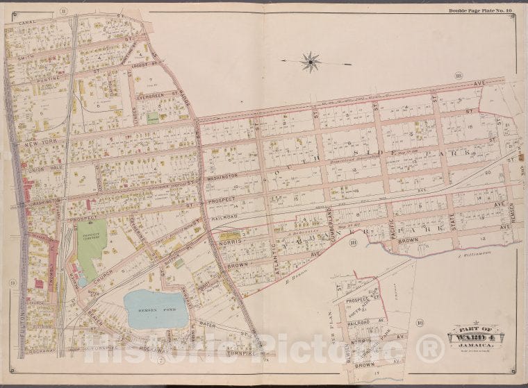 Historic Map - 1901 Queens County, New York (N.Y.) Queens, V. 1, Plate No. 10; Part Of Jamaica, Ward 4; [Canal, New York, Remsen, Brown, Rockaway Tpk, Fulton. - Vintage Wall Art