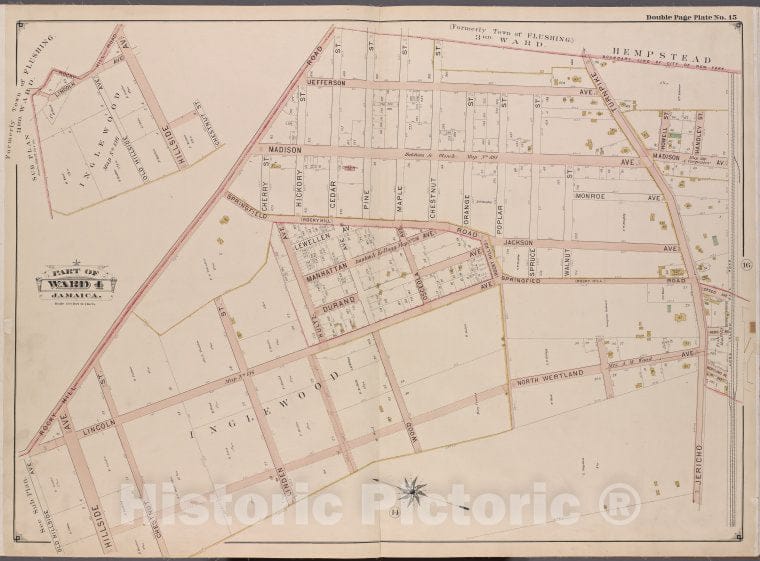 Historic Map - 1901 Queens County, New York (N.Y.), Queens, V. 1, Plate No. 15; Jamaica, Ward 4; Flushing (3Rd Ward), Jericho Tpk, North Wertland, Rocky Hill Rd. - Vintage Wall Art