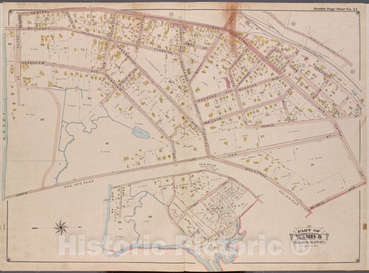 Historic Map - 1901 Queens County, New York (N.Y.), Queens, V. 1, Plate No. 21; Part Of Far Rockaway, Ward 5; [Central Ave, Mcneil Ave, Broadway, South St.] - Vintage Wall Art