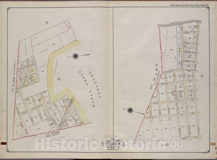 Historic 1913 Map - Queens, V. 1, Double Page Plate No. 28; Part Of Jamaica, Ward 4; - Vintage Wall Art