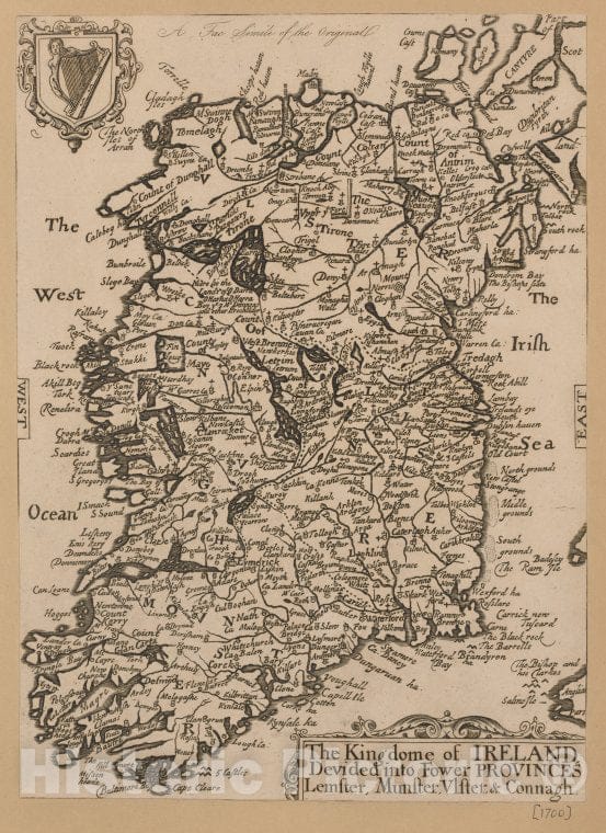 Historic 1700 Map - The Kingdome Of Ireland Devided Into Fower Provincesaof Europe - Ireland - Vintage Wall Art