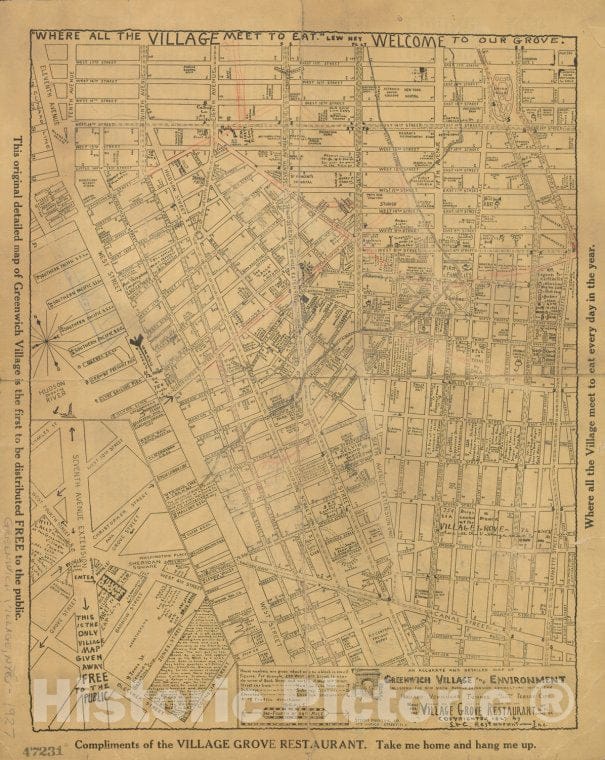 Historic 1927 Map -Where All The Village Meet To Eat - An Accurate And Detailed M - Greenwich Village (New York, N.Y.) Maps Of New York City And State - Manhattan - Vintage Wall Art