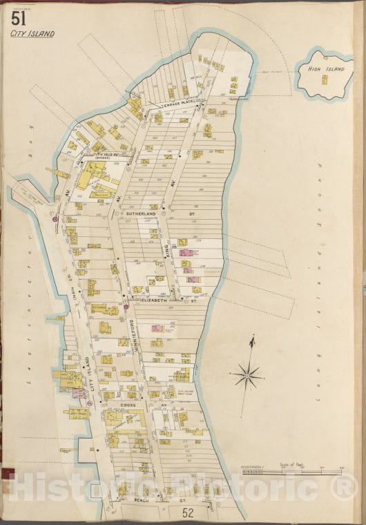 Historic Map - 1905 Bronx, New York (N.Y.), V. B, Plate No. 51 [Eastchester Bay, Terrace Place, Long Island Sound, Beach St.] - Vintage Wall Art