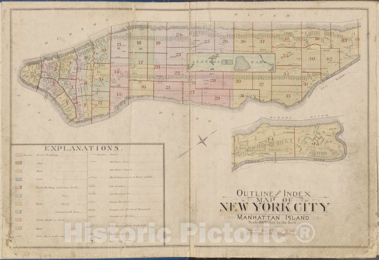 Historic 1891 Map - Outline And Index Map Of New York City, Manhattan Island. - Vintage Wall Art