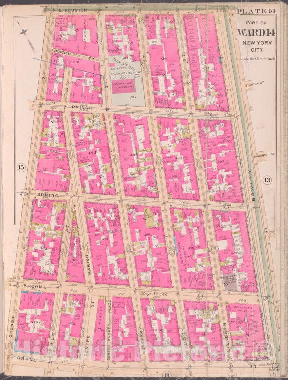 Historic Map - 1893 New York (N.Y.), Plate 14 [E. Houston St, Bowery, Grand St, Crosby St.] - Vintage Wall Art