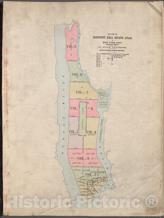 Historic 1889 Map - Outline Of Robinson'S Real Estate Atlas Of New York City (Manhat - Vintage Wall Art