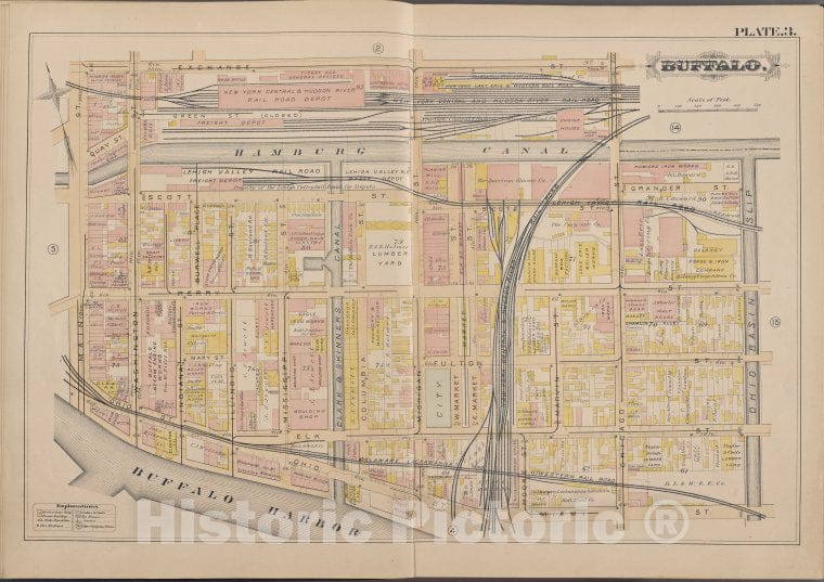 Historic Map - 1891 Buffalo,New York (N.Y.) Plate No. 3 [ Bounded By Exchange St, Ohio Basin Slip, Miami St, Buffalo Harbor, Main St.] - Vintage Wall Art