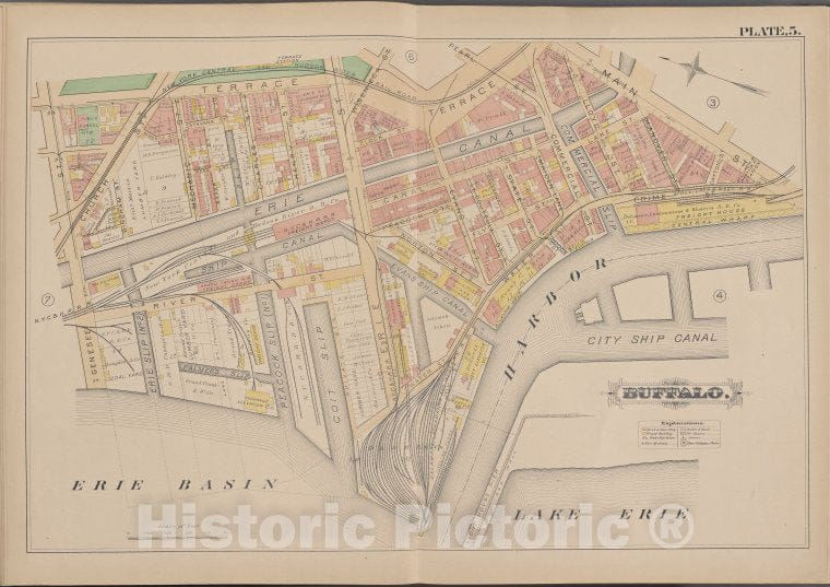 Historic Map - 1891 Buffalo,New York (N.Y.) Plate No. 5 [ Bounded By Terrace, Main St, Lake Erie, Erie Basin, Genesee St.] - Vintage Wall Art