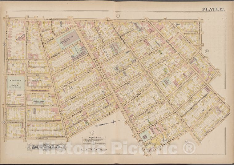 Historic Map - 1891 Buffalo,New York (N.Y.) Plate No. 12 [ Bounded By Michigan St, Keane St, Hickory St, Eagle St.] - Vintage Wall Art