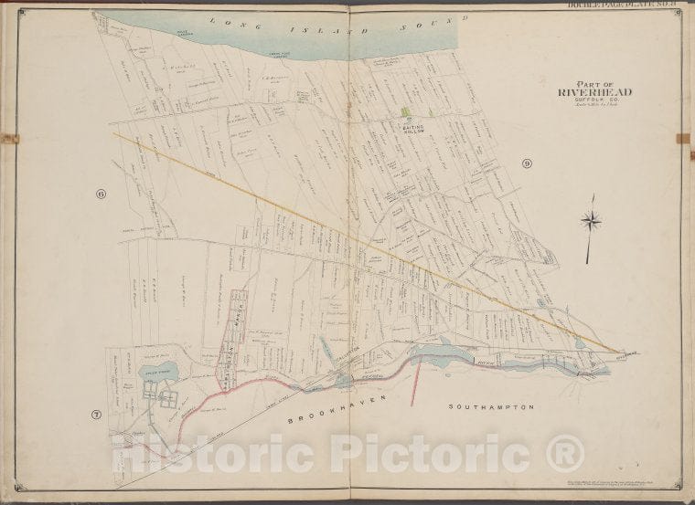 Historic Map - 1902 Suffolk County, New York (N.Y.), Suffolk County, V. 2, Double Page Plate No. 8 [Long Island Sound, River Head, Brookhaven Southampton] - Vintage Wall Art