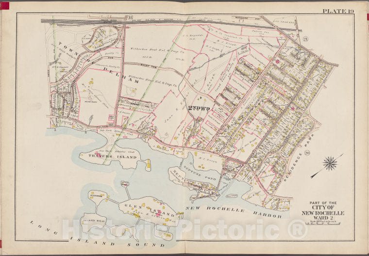 Historic Map - 1910 Westchester County, New York (N.Y.) V. 1, Plate No. 19 [Woodside Ave, Boston Rd, Meadow Lane, New Rochelle Harbor, Long Island Sound, Park Drive - Vintage Wall Art