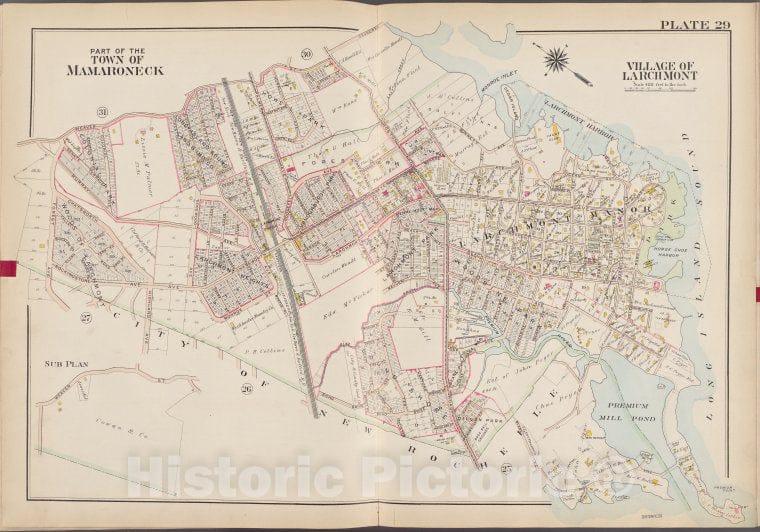 Historic Map - 1910 Westchester County, New York (N.Y.), V. 1, Double Page Plate No. 29 [Weaver St, Long Island Sound, City Of New Rochelle] - Vintage Wall Art