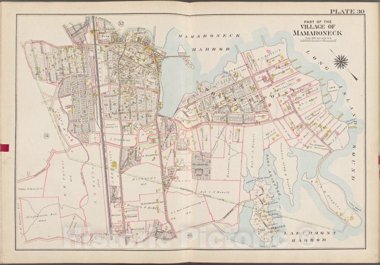 Historic Map - 1910 Westchester County, New York (N.Y.), V. 1, Plate No. 30 [Mamaroneck Harbor, Long Island Sound, Larchmont Harbor, Weaver St, Rockland Ave.] - Vintage Wall Art