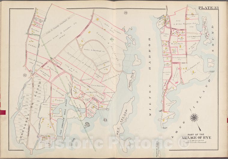 Historic Map - 1910 Westchester County, New York (N.Y.), V. 1, Double Page Plate No. 33 [Long Island Sound, Milton Harbor, Oakhurst Ave.] - Vintage Wall Art