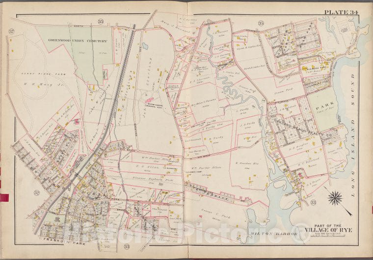 Historic Map - 1910 Westchester County, New York (N.Y.) V. 1, Plate No. 34 [North, Apawamis Ave, Long Island Sound, Milton Harbor, York Ave, Calvert, Nelson Ave. - Vintage Wall Art