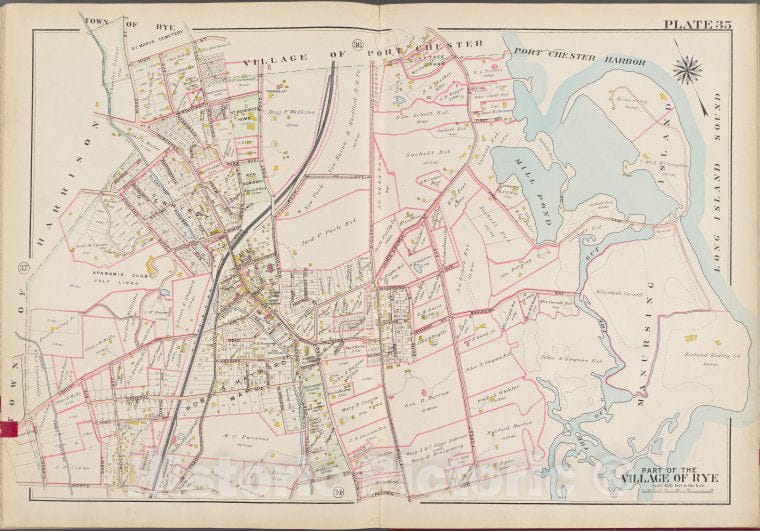 Historic Map - 1910 Westchester County, New York (N.Y.) V. 1, Plate No. 35 [Rye, Village Of Port Chester, Long Island Sound, Apawamis, North, Harrison - Vintage Wall Art