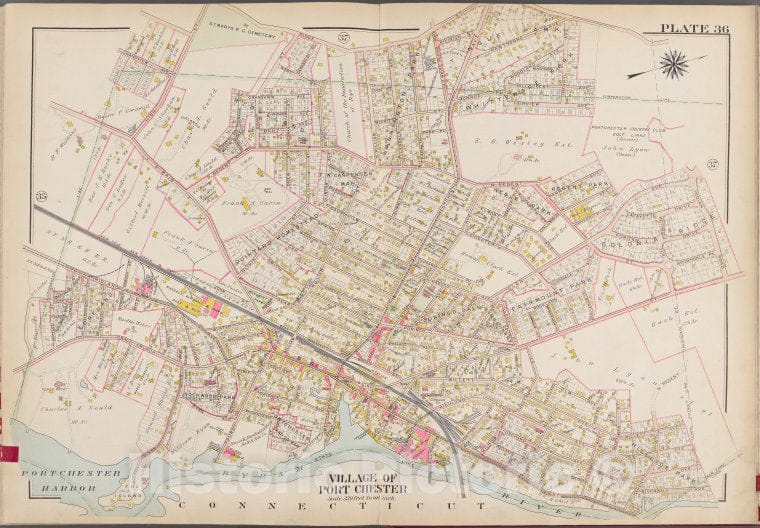 Historic Map - 1910 Westchester County, New York (N.Y.), V. 1, Double Page Plate No. 36 [Ridge St, Indian Rd, Byram River] - Vintage Wall Art