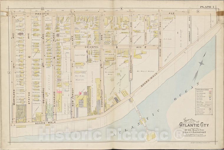 Historic Map - 1896 Atlantic City, New Jersey (N.J.), Double Page Plate No. 1 [Pacific Ave, Atlantic Ocean, Maryland Ave.] - Vintage Wall Art