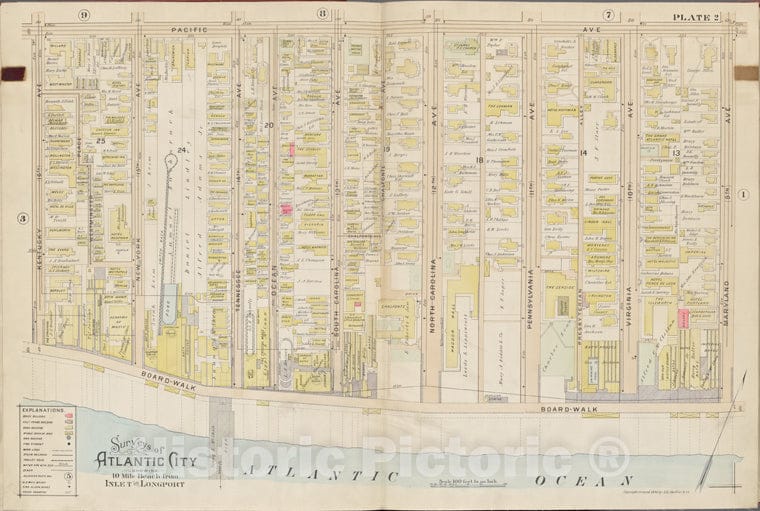 Historic Map - 1896 Atlantic City, New Jersey (N.J.), Double Page Plate No. 2 [Pacific Ave, Maryland Ave, Atlantic Ocean, Kentucky Ave.] - Vintage Wall Art