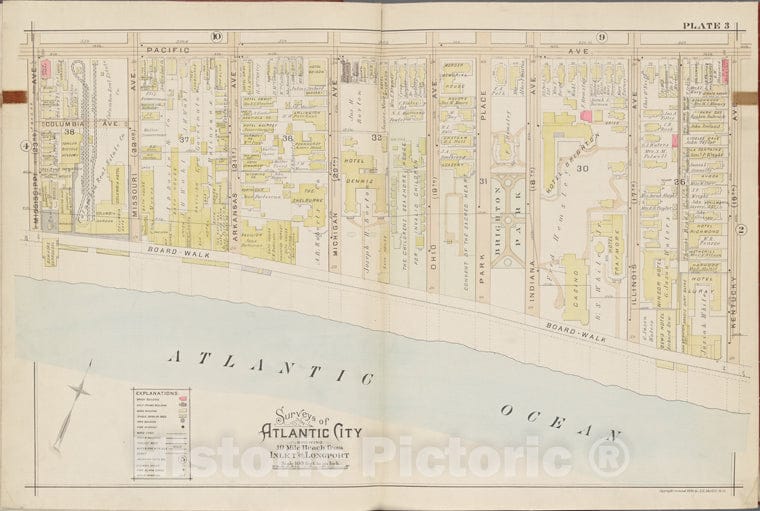 Historic Map - 1896 Atlantic City, New Jersey (N.J.), Double Page Plate No. 3 [Pacific Ave, Kentucky Ave, Atlantic Ocean, Mississippi Ave.] - Vintage Wall Art