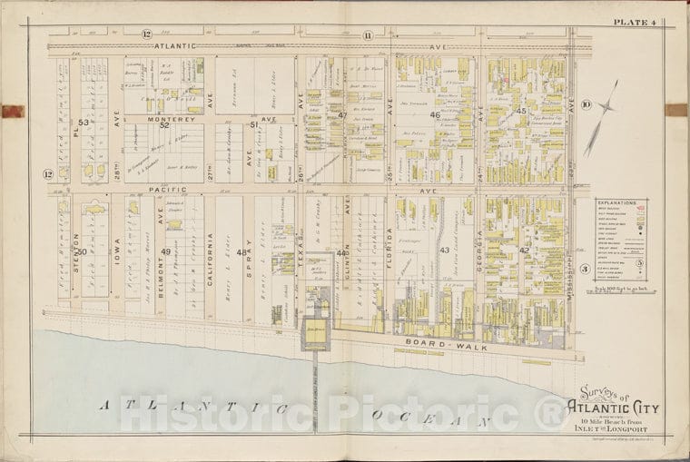 Historic Map - 1896 Atlantic City, New Jersey (N.J.), Double Page Plate No. 4 [Atlantic Ave, Mississippi Ave, Atlantic Ocean, Stenton Pl.] - Vintage Wall Art