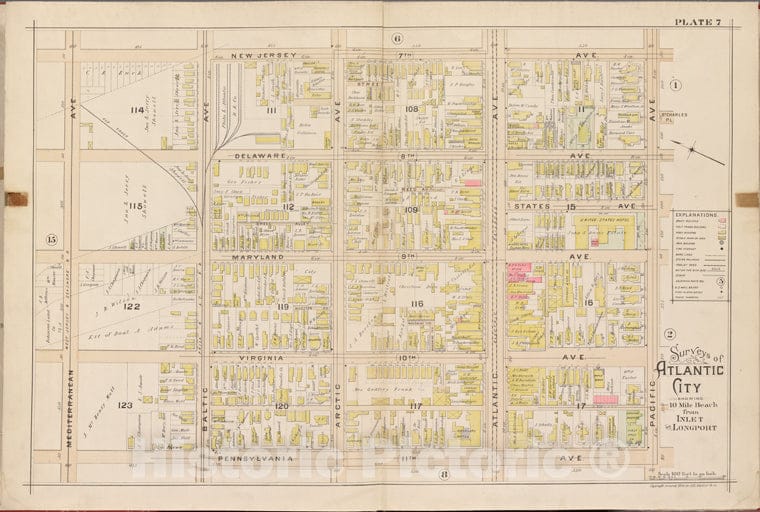 Historic Map - 1896 Atlantic City, New Jersey (N.J.), Double Page Plate No. 7 [New Jersey Ave, Pacific Ave, Pennsylvania Ave, Mediterranean Ave.] - Vintage Wall Art