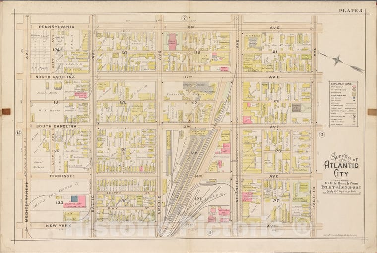 Historic Map - 1896 Atlantic City, New Jersey (N.J.), Double Page Plate No. 8 [Pennsylvania Ave, Pacific Ave, New York Ave, Mediterranean Ave.] - Vintage Wall Art