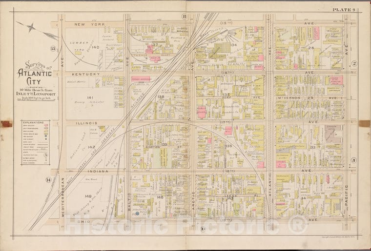 Historic Map - 1896 Atlantic City, New Jersey (N.J.), Double Page Plate No. 9 [New York Ave, Pacific Ave, Ohio Ave, Mediterranean Ave.] - Vintage Wall Art