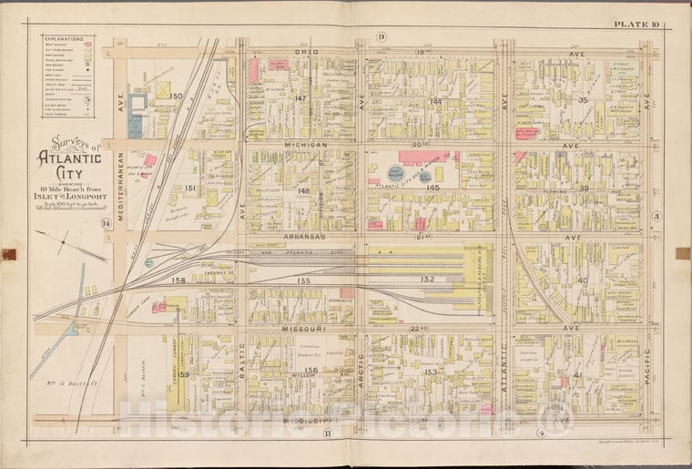 Historic Map - 1896 Atlantic City, New Jersey (N.J.), Double Page Plate No. 10 [Ohio Ave, Pacific Ave, Mississippi Ave, Mediterranean Ave.] - Vintage Wall Art