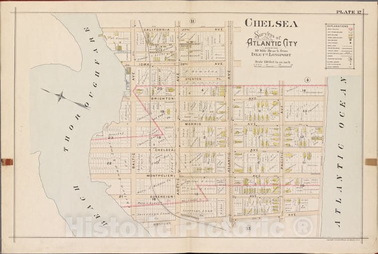 Historic Map - 1896 Atlantic City, New Jersey (N.J.), Double Page Plate No. 12 [California Ave, Atlantic Ocean, Boston Ave, Beach Thoroughfare] - Vintage Wall Art