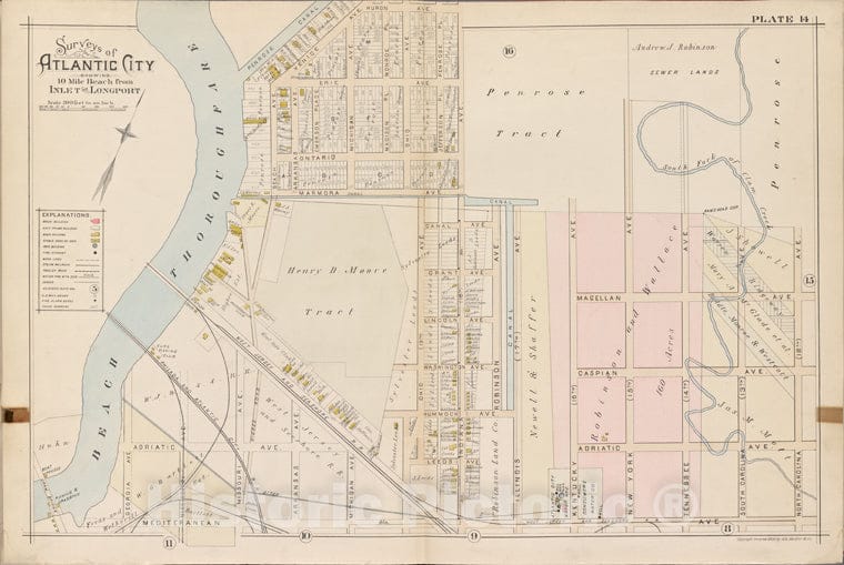 Historic Map - 1896 Atlantic City, New Jersey (N.J.), Double Page Plate No. 14 [Huron Ave, North Carolina Ave, Mediterranean Ave, Beach Thoroughfare] - Vintage Wall Art