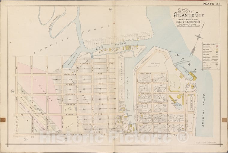 Historic Map - 1896 Atlantic City, New Jersey (N.J.), Double Page Plate No. 15 [Clam Creek, Absecon Inlet, Mediterranean Ave, North Carolina Ave.] - Vintage Wall Art