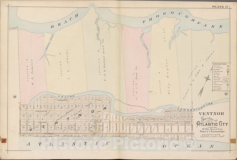 Historic Map - 1896 Atlantic City, New Jersey (N.J.), Double Page Plate No. 17 [Beach Thoroughfare, Atlantic Ocean, Fredericksburg Ave.] - Vintage Wall Art