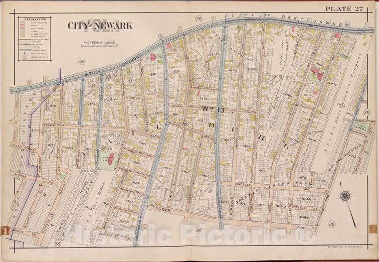 Historic Map - 1911 Newark, New Jersey (N.J.), V. 1, Double Page Plate No. 27 [S. Orange Ave, W. End Ave, Ocean Ave, Varsity Rd, Stanley Rd.] - Vintage Wall Art