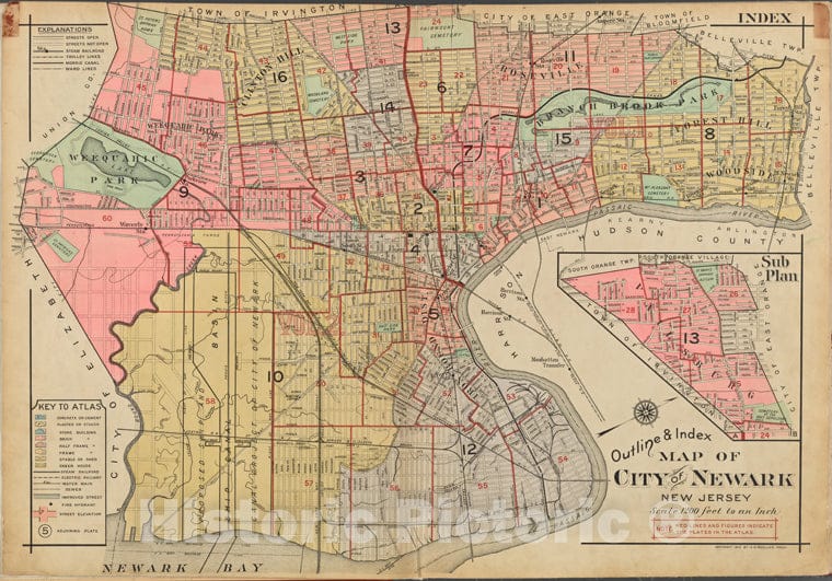 Historic 1911-12 Map - Index Continued - Newark (N.J.)-Atlases Of The United States - Vintage Wall Art