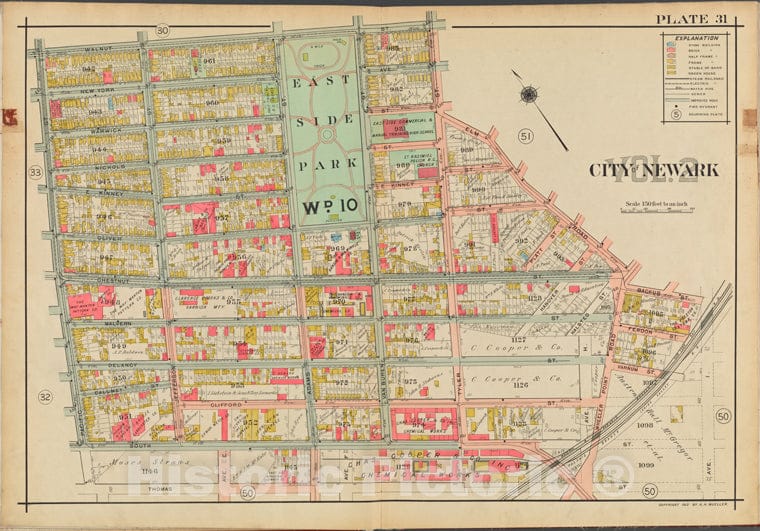 Historic Map - 1911 Newark, New Jersey (N.J.), V. 2, Double Page Plate No. 31 [Walnut St, Elm Rd, Backus St, Thomas St, Pacific St.] - Vintage Wall Art