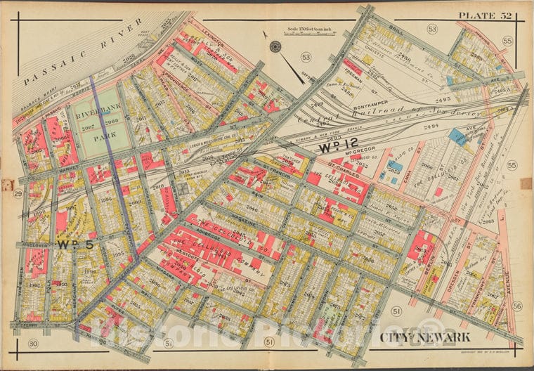 Historic Map - 1911 Newark, New Jersey (N.J.), V. 2, Double Page Plate No. 52 [Brill St, Venue L, Ferry St, Van Buren St, Passaic River] - Vintage Wall Art