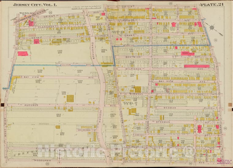 Historic Map - 1908 Hudson County, New York (N.Y.), Orient Ave, Ocean Ave, Woodlawn Ave, West Side Ave. - Vintage Wall Art