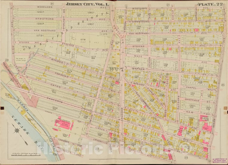 Historic Map - 1908 Hudson County, New York (N.Y.), Woodlawn Ave, Ocean Ave, Pearsall Ave, Newark Bay, West Side Ave. - Vintage Wall Art