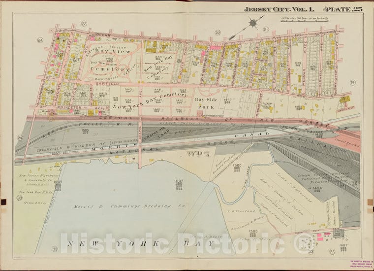 Historic Map - 1908 Hudson County, New York (N.Y.), Ocean Ave, Bay View Ave, New York Bay, Linden Ave. - Vintage Wall Art