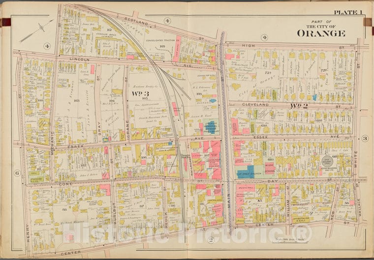 Historic Map - 1904 Essex County, New Jersey (N.J.), Orange. Plate No. 1 Map Scotland St, High St, White St, Wallace St, N. Center St, Center St, Henry St. - Vintage Wall Art