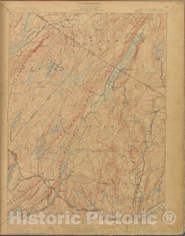 Historic 1899-1926. Map - Greewood Lake, Survey Of 1882-8, Ed. Of 1910. - Topographical Maps Of New Jersey - Vintage Wall Art